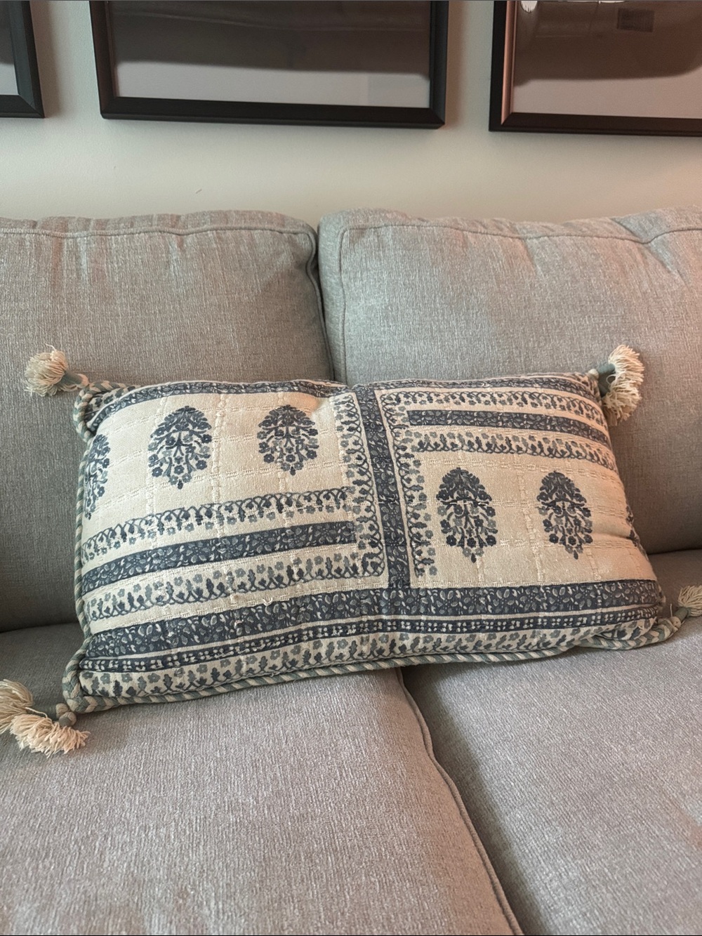 Neutral Cream & Gray Decorative Toss Pillow with Tassels